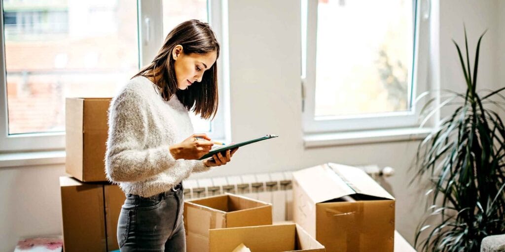 Woman reviewing a moving checklist while packing boxes.