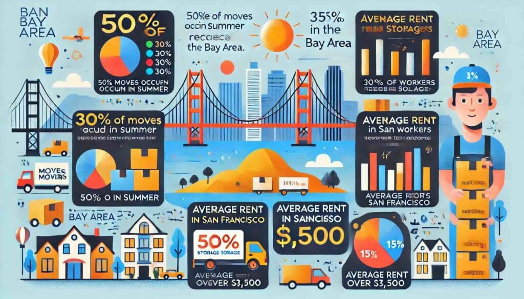 Mover surrounded by peak moving season statistics in the Bay Area.