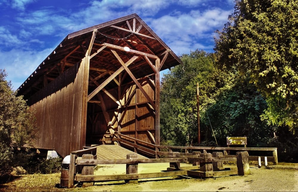 The historic Felton Covered Bridge surrounded by lush green trees under a vibrant blue sky in Felton, California.