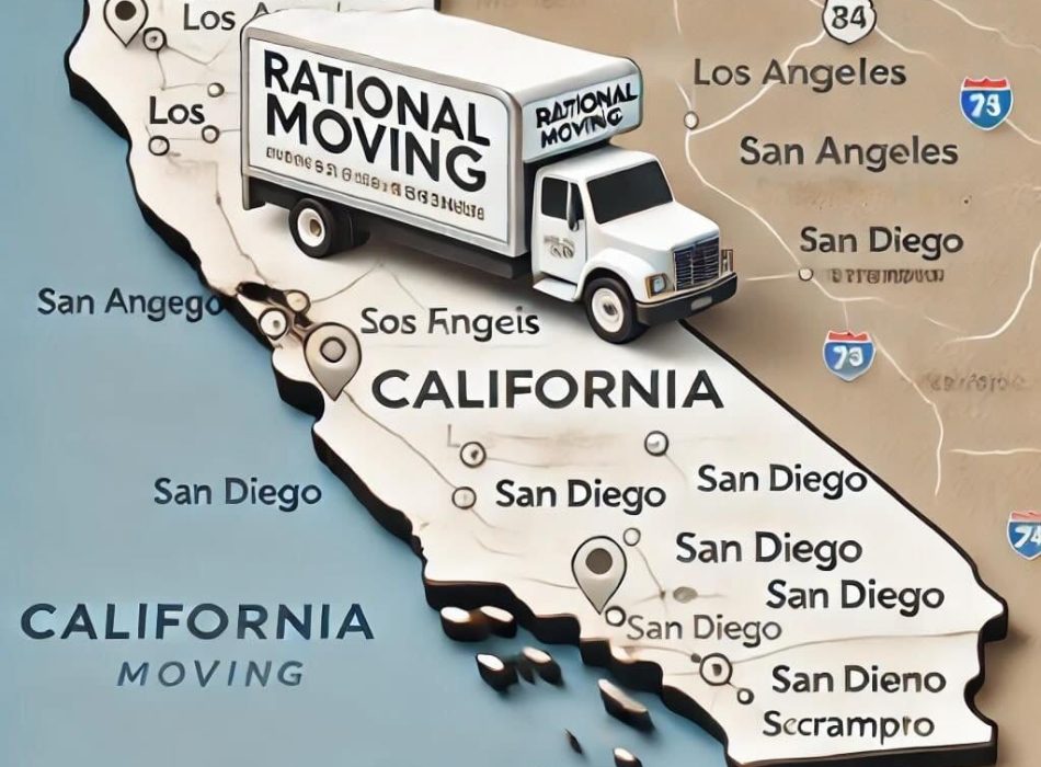 A map of California highlighting major cities with a Rational Moving truck illustration symbolizing long-distance moving services.